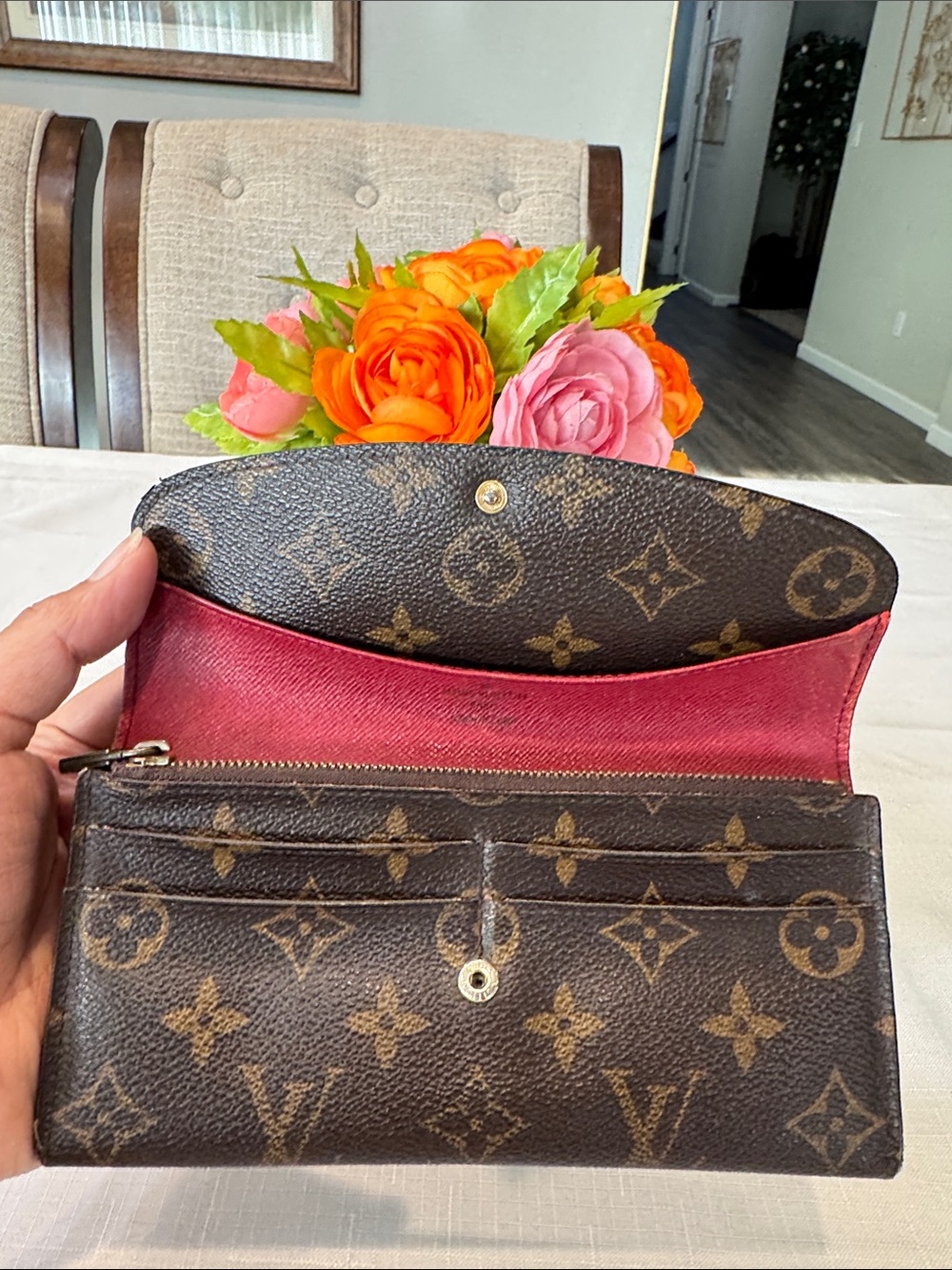 Authentic Louis Vuitton Monogram Long Wallet with Pink Interior